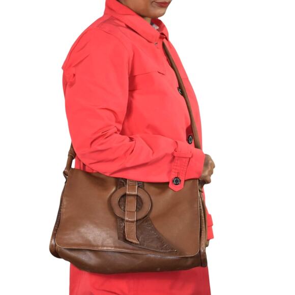 Leather Messenger Bag Vintage Brown Patchwork Pieced Shoulder Crossbody Slouchy - Picture 15 of 16